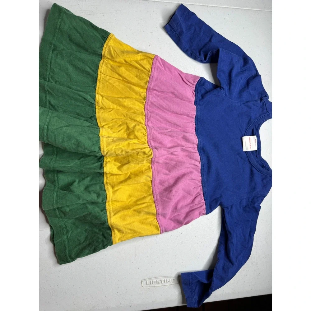 Hanna Andersson Girls 2T Colorblock Tiered Long Sleeve Cotton Dress Multi Color